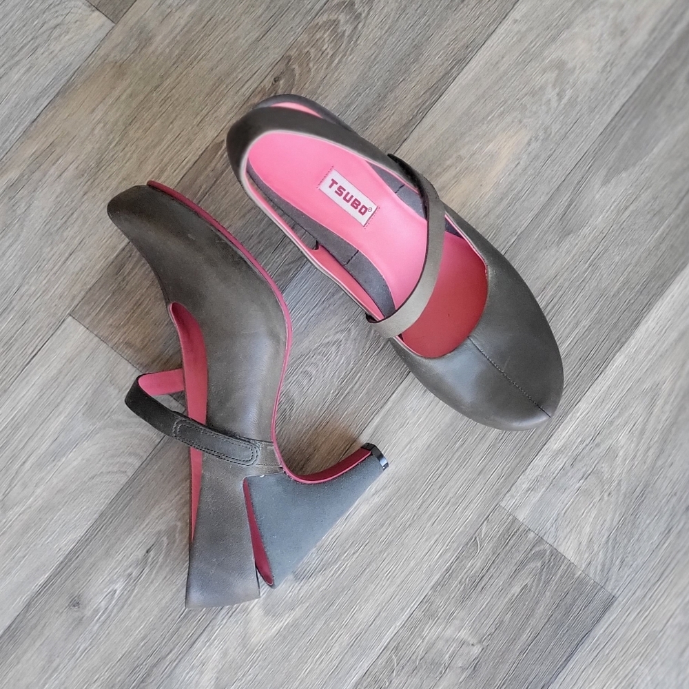 Grey/brown Tsubo leather sling back Mary Jane heels - Picture 5 of 6